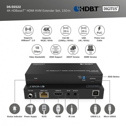 Przedłużacz/Extender HDMI 4K 60Hz 150m po skrętce Cat.6A/7/8 HDBaseT HDCP2.2 IR EDID PoC, zestaw Przedłużacz/Extender HDMI 4K 60Hz 150m po skrętce Cat.6A/7/8 HDBaseT HDCP2.2 IR EDID PoC, zestaw