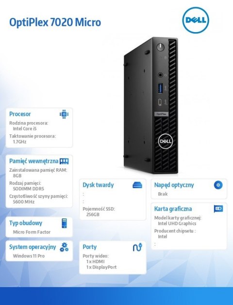 Komputer Optiplex MFF/Core i5-14500T/8GB/256GB SSD/Integrated/WLAN + BT/Kb/Mouse/W11Pro Komputer Optiplex MFF/Core i5-14500T/8GB/256GB SSD/Integrated/WLAN + BT/Kb/Mouse/W11Pro