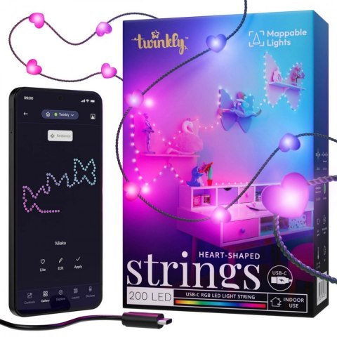 Inteligentne lampki dekoracyjne Strings USB-C (Candies) 200 LED RGB, serca, zielony przewód, 12 m Inteligentne lampki dekoracyjne Strings USB-C (Candies) 200 LED RGB, serca, zielony przewód, 12 m
