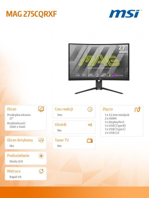 Monitor 27 cali MAG 275CQRXF LED/QHD/Curved/240Hz/czarny