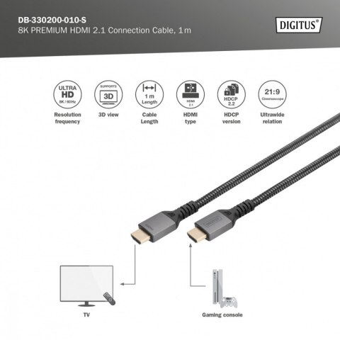 Kabel Premium połączeniowy HDMI 2.1 Ultra HighSpeed 8K60Hz UHD Typ HDMI A/A M/M 1m Czarny Kabel Premium połączeniowy HDMI 2.1 Ultra HighSpeed 8K60Hz UHD Typ HDMI A/A M/M 1m Czarny