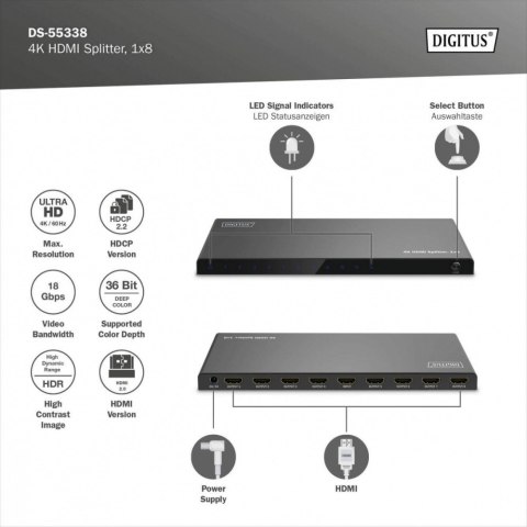 Rozdzielacz/Splitter HDMI 1x8, 4K/60Hz UHD z HDR, 18 Gbps, HDCP 2.2, EDID