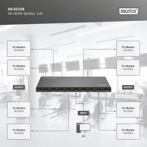 Rozdzielacz/Splitter HDMI 1x8, 4K/60Hz UHD z HDR, 18 Gbps, HDCP 2.2, EDID