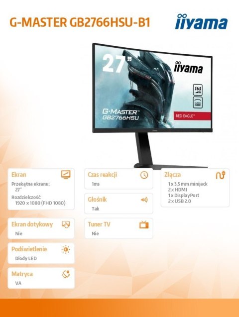 Monitor 27 cali GB2766HSU-B1 VA,165HZ,1500R,1MS,DP,HDMIx2,USB,FreeSyn Monitor 27 cali GB2766HSU-B1 VA,165HZ,1500R,1MS,DP,HDMIx2,USB,FreeSyn
