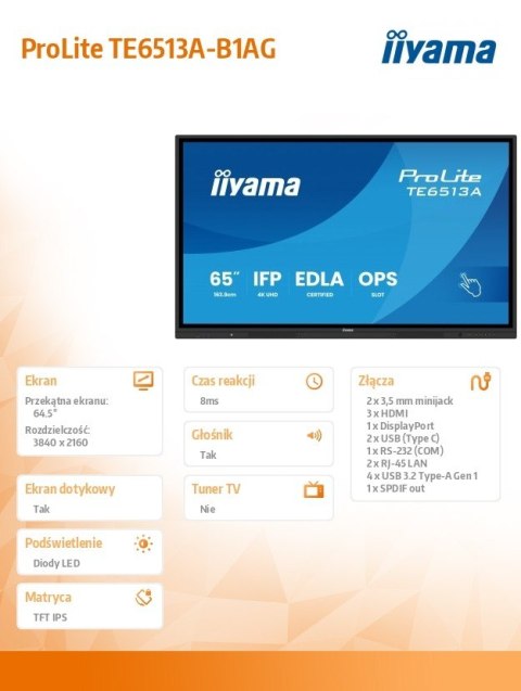 Monitor 65 cali TE6513A-B1AG INFRARED,40pkt,IPS,4K,7H,450cd/m2, WiFi,USB, ANDROID 14, Google EDLA,2x20W, UCHWYT CIENNY