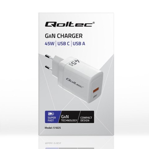 Ładowarka sieciowa 45W GaN | 5-20V | 1.5-3A | 1xUSB-C PD | 1xUSB QC 3.0 | Biała Ładowarka sieciowa 45W GaN | 5-20V | 1.5-3A | 1xUSB-C PD | 1xUSB QC 3.0 | Biała