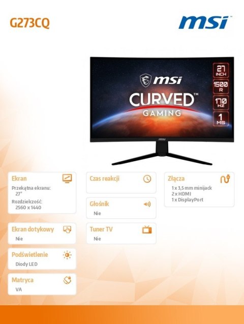 Monitor 27 cali G273CQ LED/QHD/Curved/170Hz/czarny Monitor 27 cali G273CQ LED/QHD/Curved/170Hz/czarny