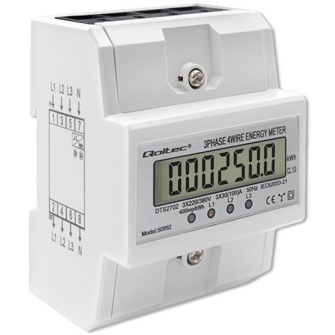 Trójfazowy elektroniczny licznik | miernik zużycia energii na szynę DIN | 400V | 100A | LCD | 4P