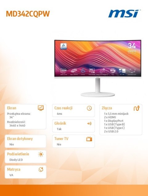 Monitor Modern MD342CQPW 34 cale/LED/UWQHD/Curve/120Hz/Blackk Monitor Modern MD342CQPW 34 cale/LED/UWQHD/Curve/120Hz/Blackk
