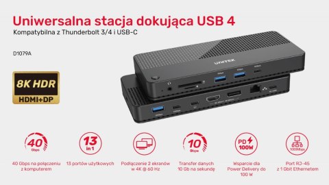 Stacja dokująca 12w1 USB-C, HDMI 2.1, USB 4, PD 100W; D1079A Stacja dokująca 12w1 USB-C, HDMI 2.1, USB 4, PD 100W; D1079A