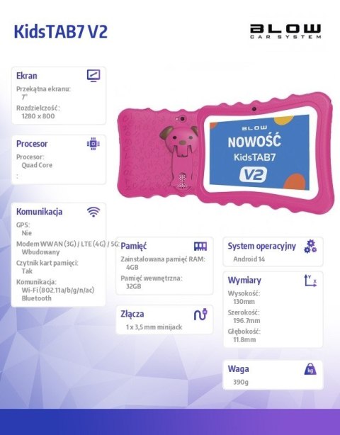 Tablet KidsTAB7 V2 4/32GB różowe etui kamera 2MP Tablet KidsTAB7 V2 4/32GB różowe etui kamera 2MP