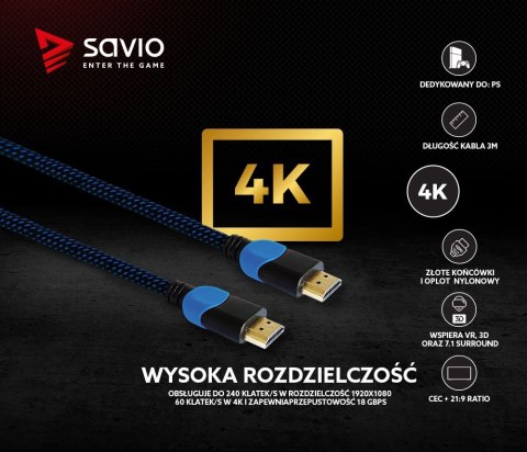 Kabel HDMI 2.0 niebiesko-czarny 3m, GCL-05 Kabel HDMI 2.0 niebiesko-czarny 3m, GCL-05