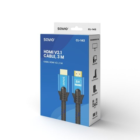 Kabel HDMI (M) v2.1, 3m, 8K, miedź, niebiesko-czarny, złote końcówki, ethernet/3D, CL-143 Kabel HDMI (M) v2.1, 3m, 8K, miedź, niebiesko-czarny, złote końcówki, ethernet/3D, CL-143