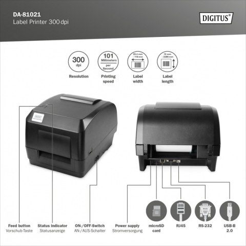 Biurkowa drukarka etykiet, termiczna, 300dpi, USB 2.0, RS-232, Ethernet Biurkowa drukarka etykiet, termiczna, 300dpi, USB 2.0, RS-232, Ethernet