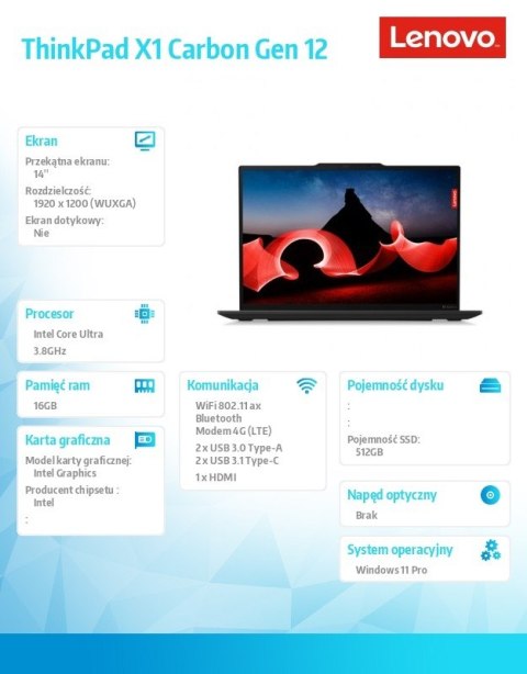 Ultrabook ThinkPad X1 Carbon G12 21KC0055PB W11Pro Ultra 7 155U/16GB/512GB/INT/LTE/14.0 WUXGA/Black/vPro/3YRS Premier Support + Ultrabook ThinkPad X1 Carbon G12 21KC0055PB W11Pro Ultra 7 155U/16GB/512GB/INT/LTE/14.0 WUXGA/Black/vPro/3YRS Premier Support +