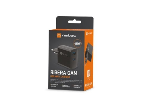 Ładowarka sieciowa Ribera GAN 1X USB-A + 1X USB-C 45W Czarna Ładowarka sieciowa Ribera GAN 1X USB-A + 1X USB-C 45W Czarna