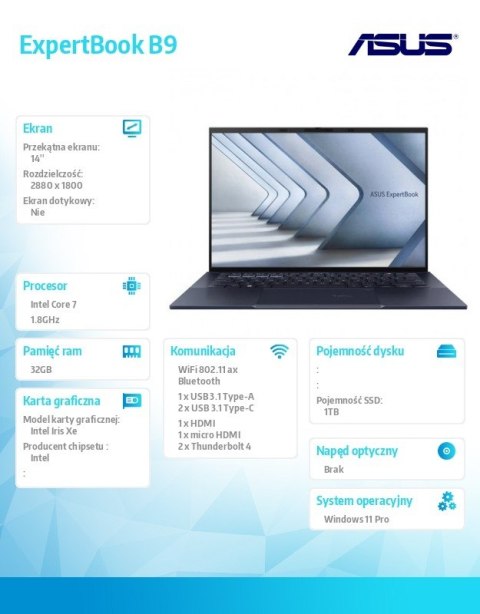Notebook ExpertBook B9 B9403CVAR-KM0682X - 7 150U/32GB/1TB/14 cali WQXGA+ OLED/Win 11 PRO/3YRS Notebook ExpertBook B9 B9403CVAR-KM0682X - 7 150U/32GB/1TB/14 cali WQXGA+ OLED/Win 11 PRO/3YRS