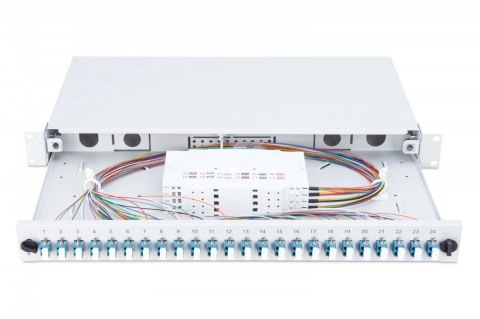 Przełącznica światłowodowa/panel krosowy z wyposażeniem 19 cali 1U, 24x LC duplex, OS2, zawiera pigtaile, adaptery, tacki, wysuw Przełącznica światłowodowa/panel krosowy z wyposażeniem 19 cali 1U, 24x LC duplex, OS2, zawiera pigtaile, adaptery, tacki, wysuw