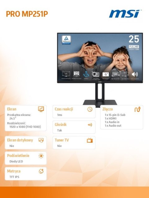 Monitor PRO MP251P 24.5 cala/LED/FHD/Flat/100Hz/Czarny Monitor PRO MP251P 24.5 cala/LED/FHD/Flat/100Hz/Czarny