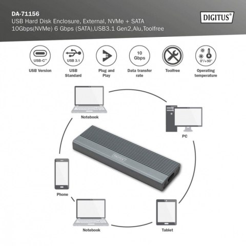 Obudowa USB 3.1 Typ C na dysk SSD M.2 NVMe 10 Gbps + SATA 6 Gbps aluminiowa, beznarzędziowa Obudowa USB 3.1 Typ C na dysk SSD M.2 NVMe 10 Gbps + SATA 6 Gbps aluminiowa, beznarzędziowa