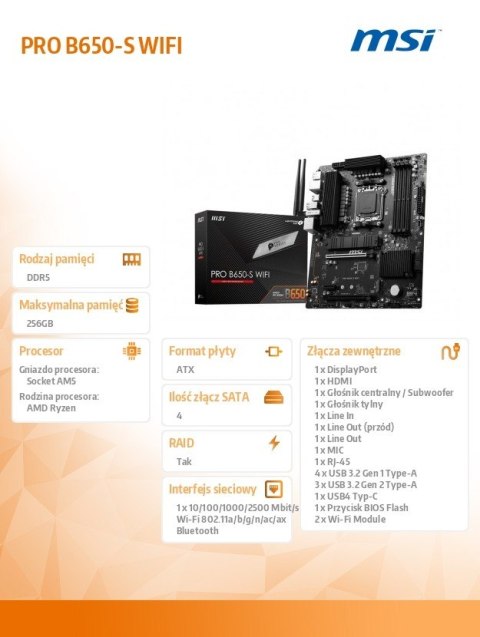 Płyta główna PRO B650-S WIFI AM5 4DDR5 HDMI/DP ATX Płyta główna PRO B650-S WIFI AM5 4DDR5 HDMI/DP ATX