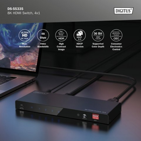 Przełącznik / Switch HDMI 4x1, 8K/60Hz (4:4:4) z HDR, 48 Gbps, HDCP 2.3, Toslink / Stereo, EDID Przełącznik / Switch HDMI 4x1, 8K/60Hz (4:4:4) z HDR, 48 Gbps, HDCP 2.3, Toslink / Stereo, EDID