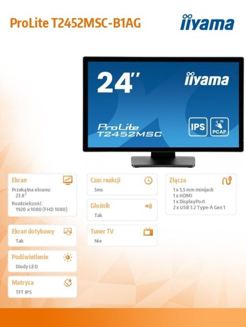 Monitor 24 cale T2452MSC-B1AG 10 PKT. POJ,IPS,HDMI,DP,2x1W,7H,2xUSB, 400cd/m2,AG-(Anti Glare) Monitor 24 cale T2452MSC-B1AG 10 PKT. POJ,IPS,HDMI,DP,2x1W,7H,2xUSB, 400cd/m2,AG-(Anti Glare)