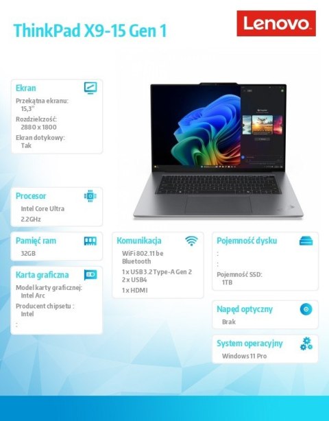 Ultrabook ThinkPad X9 G1 21Q60008PB W11Pro Ultra 7 258V/32GB/1TB/INT/15.3 OLED/Touch/Grey/3YR Premier NBD + CO2 Offset Ultrabook ThinkPad X9 G1 21Q60008PB W11Pro Ultra 7 258V/32GB/1TB/INT/15.3 OLED/Touch/Grey/3YR Premier NBD + CO2 Offset