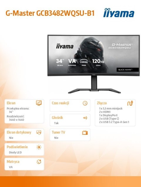 Monitor 34 cale G-Master GCB3482WQSU-B1,VA,UWQHD,120HZ,1500R, HDR400, 21:9, 500cd,2x5W, USB-c Monitor 34 cale G-Master GCB3482WQSU-B1,VA,UWQHD,120HZ,1500R, HDR400, 21:9, 500cd,2x5W, USB-c