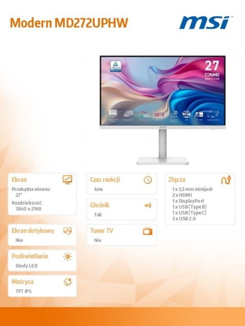 Monitor 27 cali Modern MD272UPHW LED/UHD/Flat/60Hz/biały Monitor 27 cali Modern MD272UPHW LED/UHD/Flat/60Hz/biały