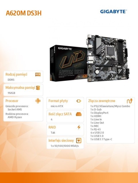 Płyta główna A620M DS3H AM5 4DDR5 HDMI/DP M.2 mATX Płyta główna A620M DS3H AM5 4DDR5 HDMI/DP M.2 mATX