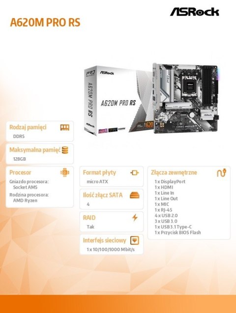 Płyta główna A620M PRO RS AM5 4DDR5 HDMI/DP M.2 mATX Płyta główna A620M PRO RS AM5 4DDR5 HDMI/DP M.2 mATX