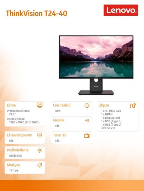 Monitor ThinkVision 23.8 cala T24-40 64A4MATXEU Monitor ThinkVision 23.8 cala T24-40 64A4MATXEU