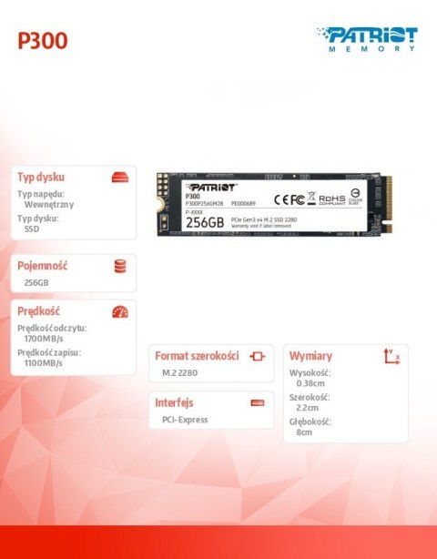Dysk SSD P300 256GB M.2 PCIe Gen 3 x4 1700/1100 Dysk SSD P300 256GB M.2 PCIe Gen 3 x4 1700/1100