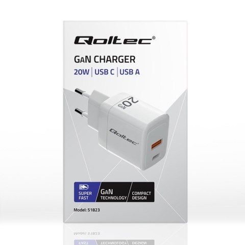 Ładowarka sieciowa 20W GaN | 5-20V | 1.5-3A | 1xUSB-C PD | 1xUSB QC 3.0 | Biała Ładowarka sieciowa 20W GaN | 5-20V | 1.5-3A | 1xUSB-C PD | 1xUSB QC 3.0 | Biała