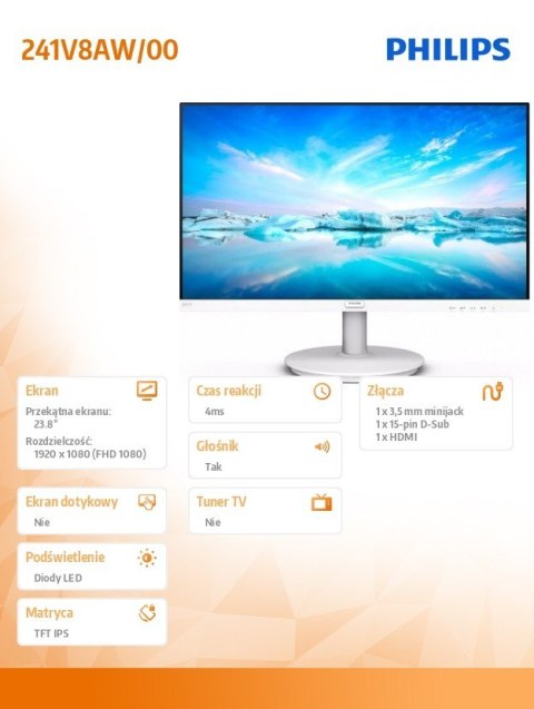 Monitor 241V8AW 23.8 cala IPS HDMI Głośniki Biały Monitor 241V8AW 23.8 cala IPS HDMI Głośniki Biały
