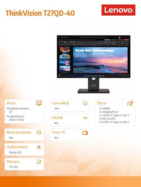 Monitor 27 cali ThinkVision T27QD-40 WLED LCD 64AAGAT2EU Monitor 27 cali ThinkVision T27QD-40 WLED LCD 64AAGAT2EU