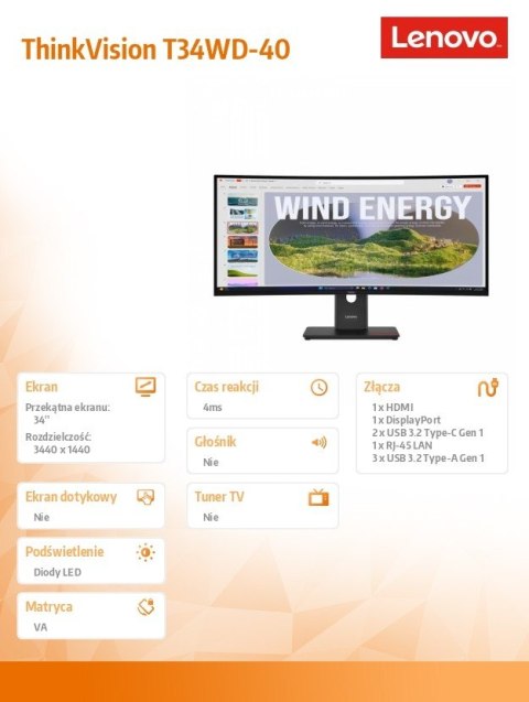 Monitor 34 cale ThinkVision T34WD-40 64AEZAT1EU Monitor 34 cale ThinkVision T34WD-40 64AEZAT1EU