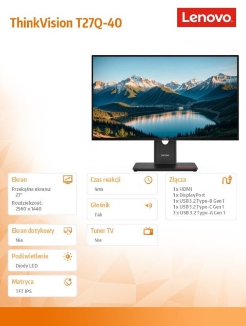 Monitor ThinkVision 27.0 T27Q-40 WLED LCD 64A6ZAT6EU Monitor ThinkVision 27.0 T27Q-40 WLED LCD 64A6ZAT6EU