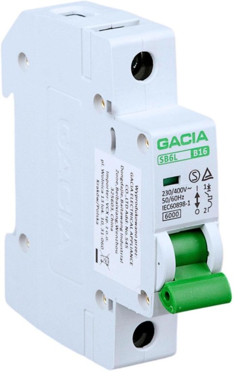 Wyłącznik nadmiarowoprądowy,6kA,B,1-pole,13A GACIA SB6L B 1P 16A Wyłącznik nadmiarowoprądowy,6kA,B,1-pole,13A GACIA SB6L B 1P 16A