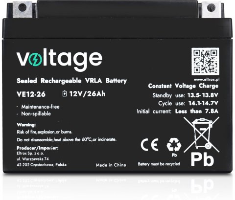 Akumulator AGM Voltage 12V 26Ah VE12-26 (Żywotność 6-9 lat)