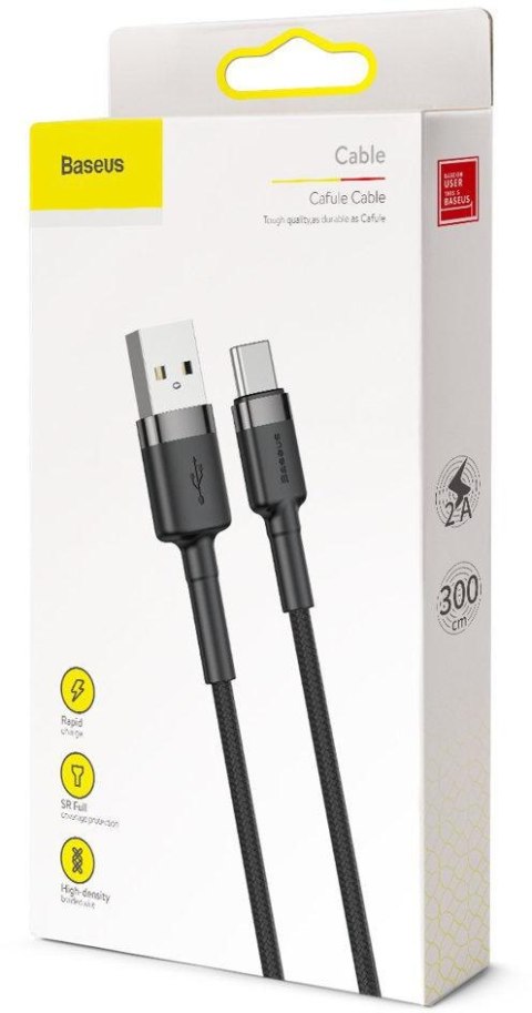 KABEL USB-A / USB-C Baseus Cafule CATKLF-UG1 300cm 2A QC 3.0 CZARNO-SZARY W NYLONOWYM OPLOCIE