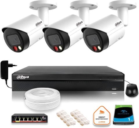 Zestaw monitoringu IP Dahua 8mpx 4K 3 kamery IPC-HFW2849S-S-IL z dyskiem 1TB