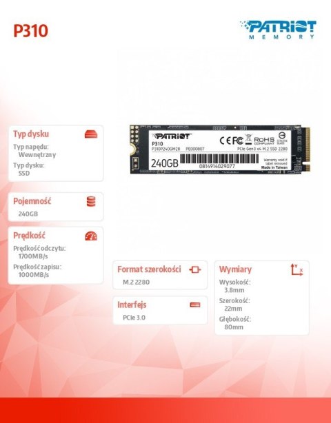 Dysk SSD P310 240GB M.2 2280 1700/1000 PCIe NVMe Gen3 x 4 Dysk SSD P310 240GB M.2 2280 1700/1000 PCIe NVMe Gen3 x 4