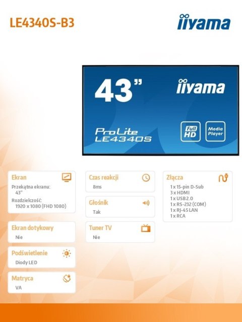 Monitor 43 LE4340S-B3 VA/FHD/HDMI/VGA/USB/RJ45/2X10W/16/7 Monitor 43 LE4340S-B3 VA/FHD/HDMI/VGA/USB/RJ45/2X10W/16/7