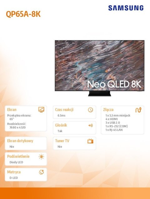 Monitor profesjonalny QP65A-8K 65 cali Błyszczący 16h/7 500(cd/m2) 7680 x 4320 (8K) S9 Player (Tizen 6.0) Wi-Fi/BT 3 lata On-Si