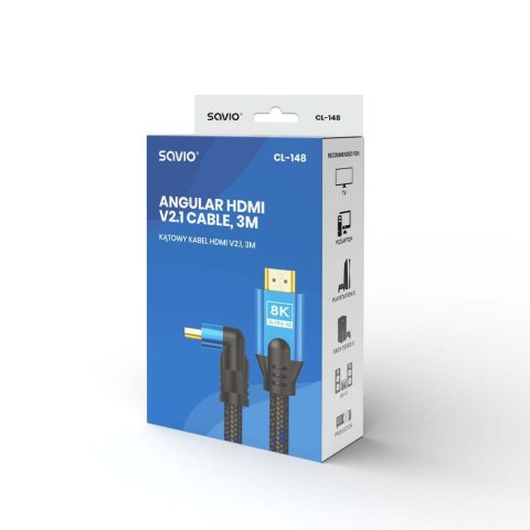 Kabel HDMI (M) v2.1, kątowy, 3m, 8K, miedź, niebiesko-czarny, złote końcówki, ethernet/3D, CL-148 Kabel HDMI (M) v2.1, kątowy, 3m, 8K, miedź, niebiesko-czarny, złote końcówki, ethernet/3D, CL-148