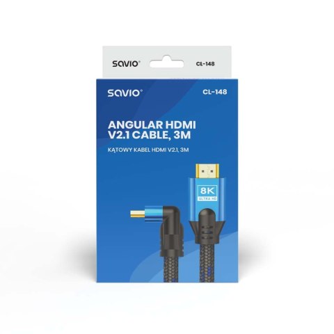 Kabel HDMI (M) v2.1, kątowy, 3m, 8K, miedź, niebiesko-czarny, złote końcówki, ethernet/3D, CL-148 Kabel HDMI (M) v2.1, kątowy, 3m, 8K, miedź, niebiesko-czarny, złote końcówki, ethernet/3D, CL-148