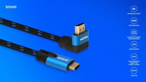 Kabel HDMI (M) v2.1, kątowy, 3m, 8K, miedź, niebiesko-czarny, złote końcówki, ethernet/3D, CL-148 Kabel HDMI (M) v2.1, kątowy, 3m, 8K, miedź, niebiesko-czarny, złote końcówki, ethernet/3D, CL-148