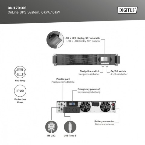 Zasilacz awaryjny UPS Online Rack 19"/Tower, 6kVA/6kW, 2U, bez baterii (moduł baterii DN-170108) Zasilacz awaryjny UPS Online Rack 19"/Tower, 6kVA/6kW, 2U, bez baterii (moduł baterii DN-170108)